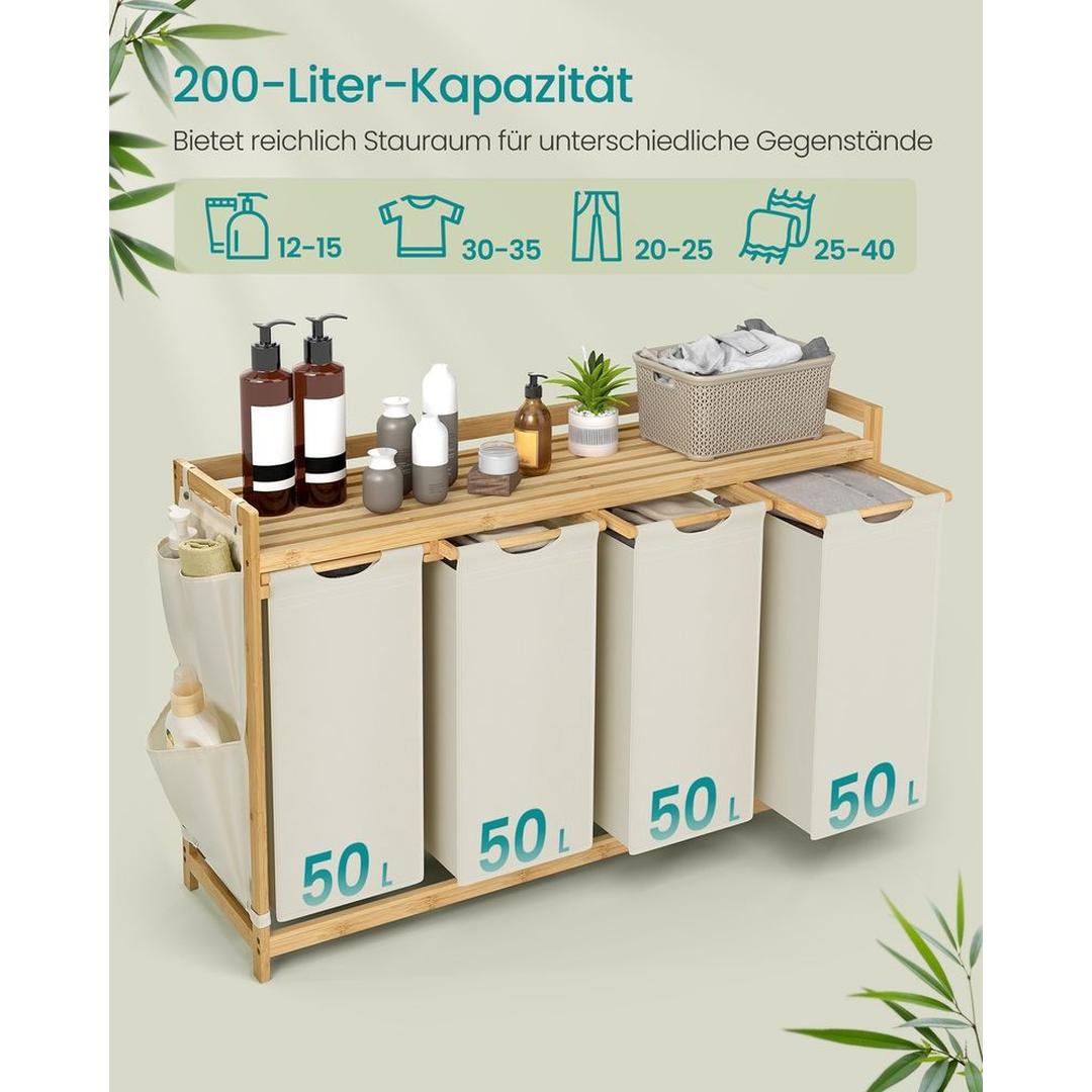 Wasmand met Meerdere Compartimenten – 3-Vaks Wasbox van Bamboe met Opbergplank en Uitneembare Waszakken