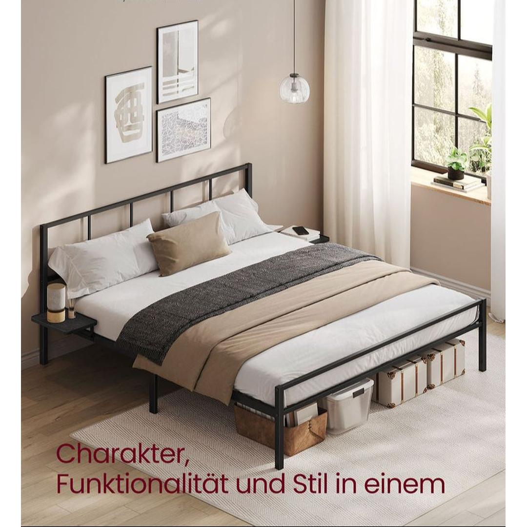 Metalen bedframe 160 × 200 cm – met 2 opbergplanken, matzwart, draagvermogen tot 450 kg