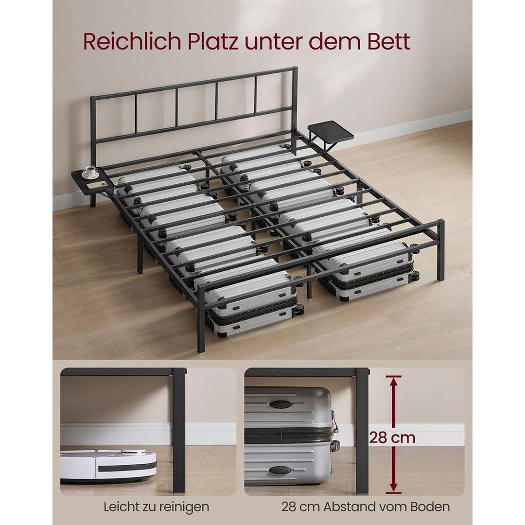 Metalen bedframe 160 × 200 cm – met 2 opbergplanken, matzwart, draagvermogen tot 450 kg
