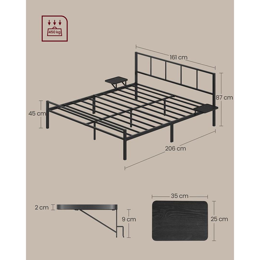 Metalen bedframe 160 × 200 cm – met 2 opbergplanken, matzwart, draagvermogen tot 450 kg