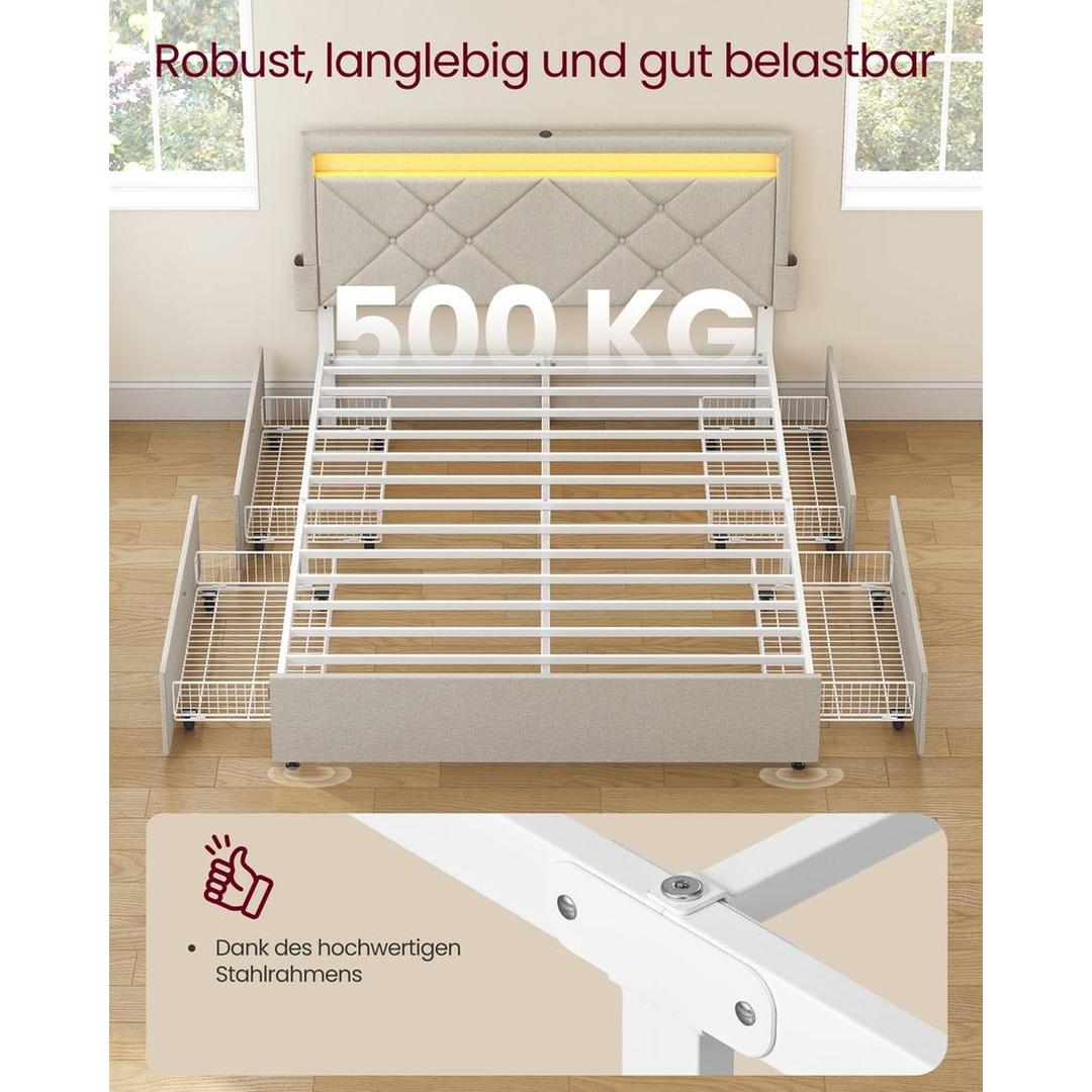 LED boxspring met opberglades – USB-A en USB-C, verstelbaar hoofdbord, cappuccino beige