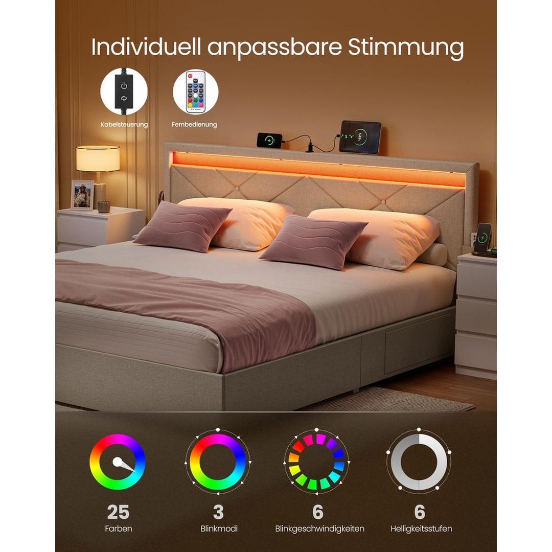 LED boxspring met opberglades – USB-A en USB-C, verstelbaar hoofdbord, cappuccino beige