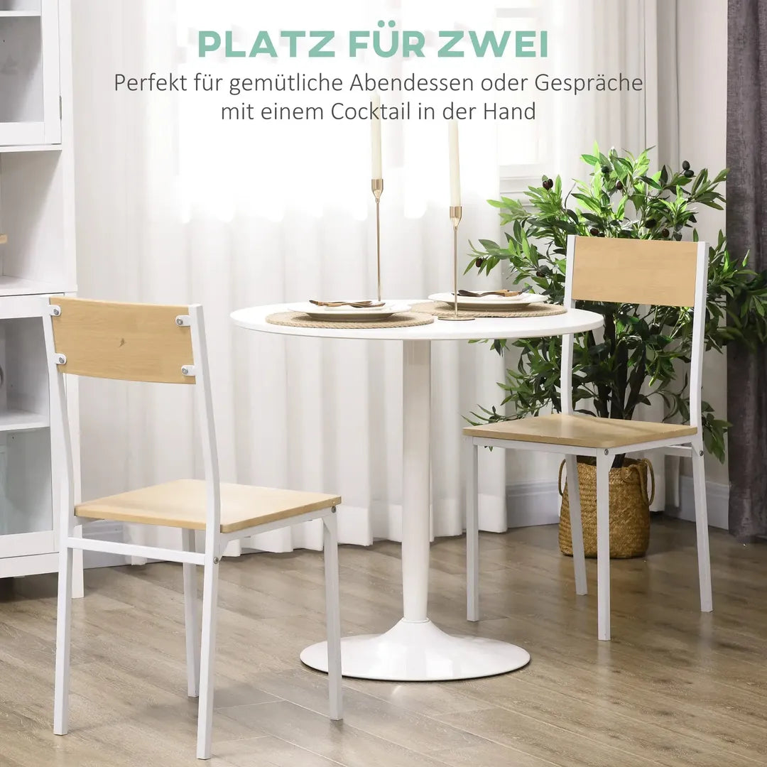 Eettafel voor 2 Personen – Rond Tafelblad Ø80 cm van MDF en Staal, Antislip, Wit, 75 cm Hoog