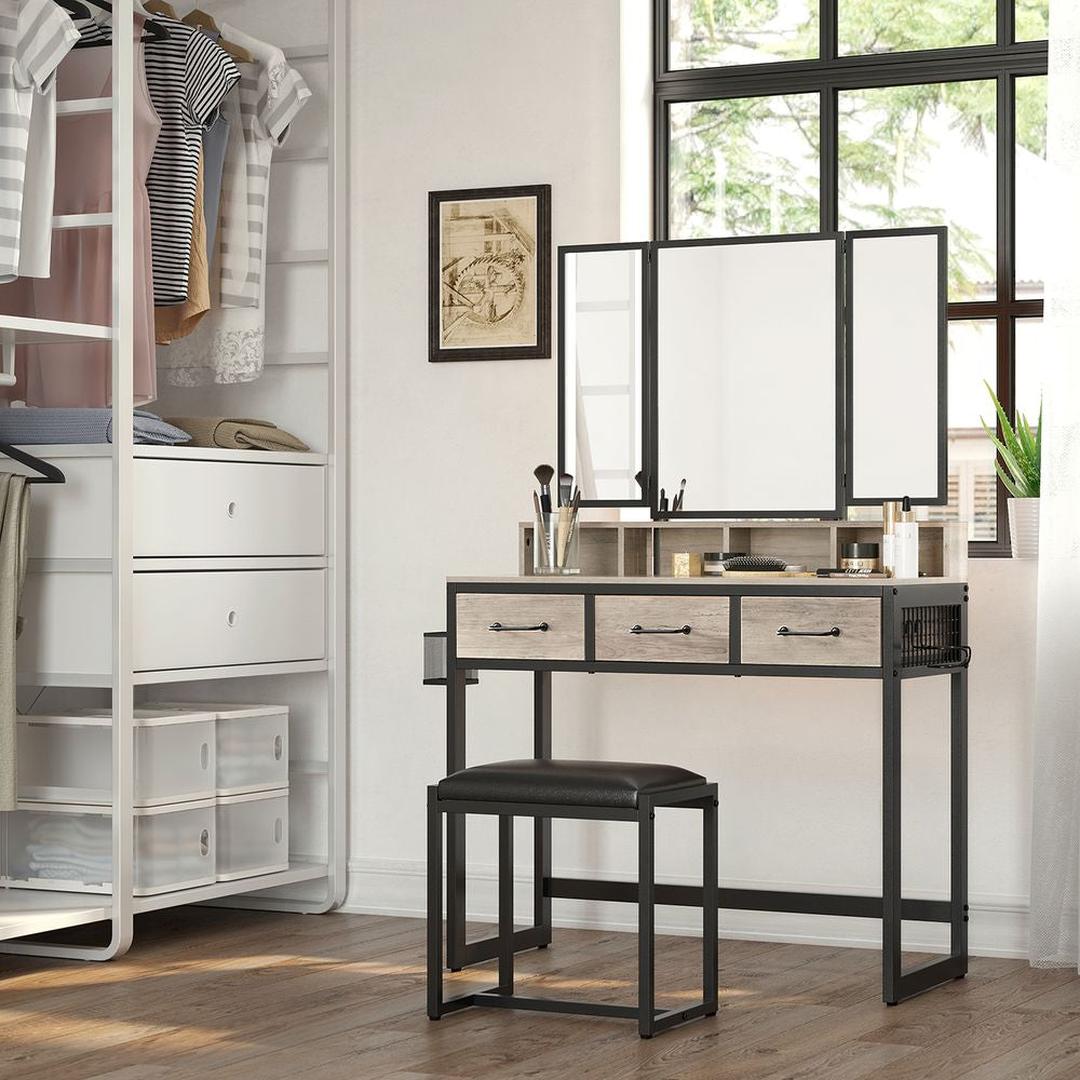 Kaptafel met Spiegel en Kruk – Make-uptafel met 3-Delige Klapspiegel, Lades en Open Opbergvakken
