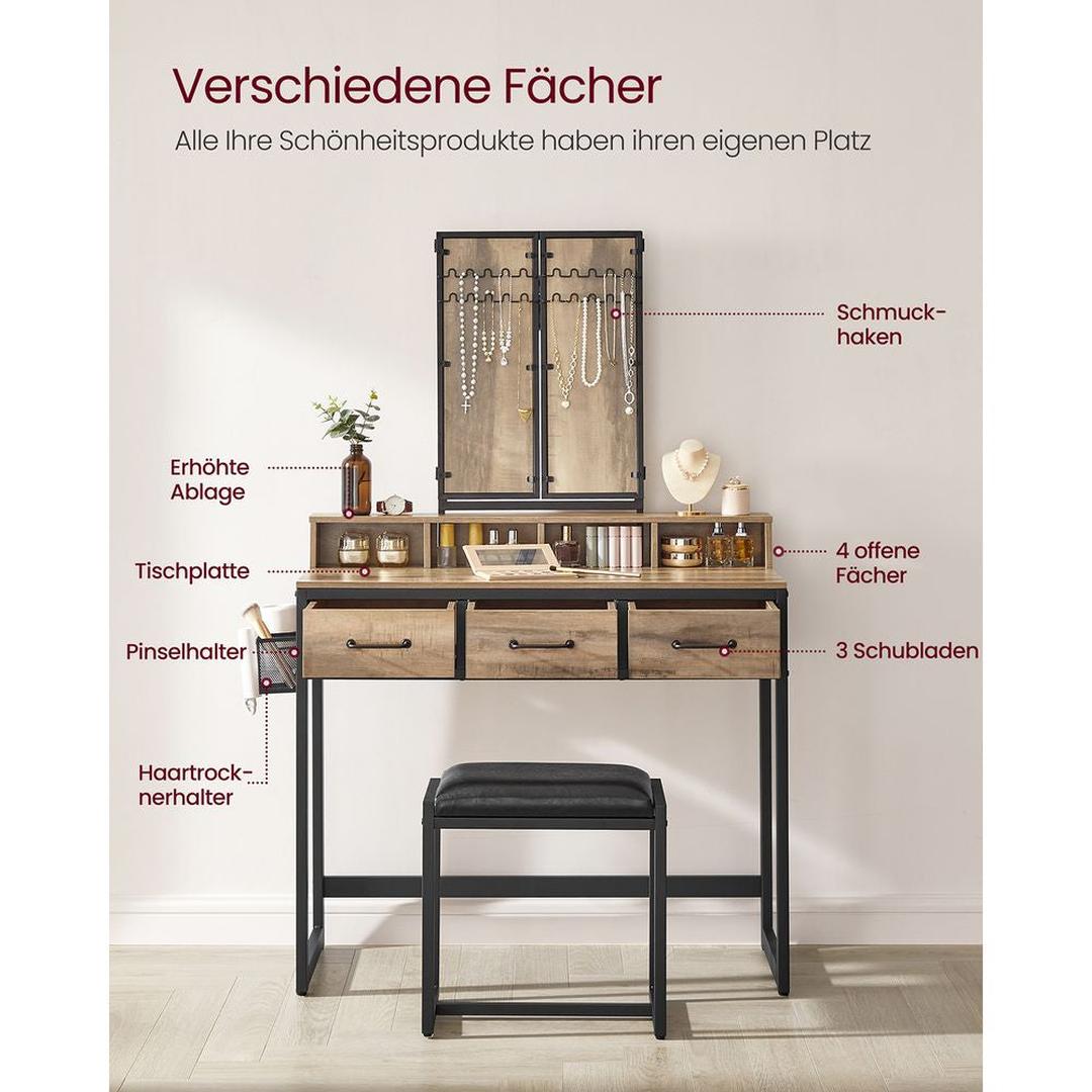 Kaptafel met Spiegel en Kruk – Make-uptafel met 3-Delige Klapspiegel, Lades en Open Opbergvakken