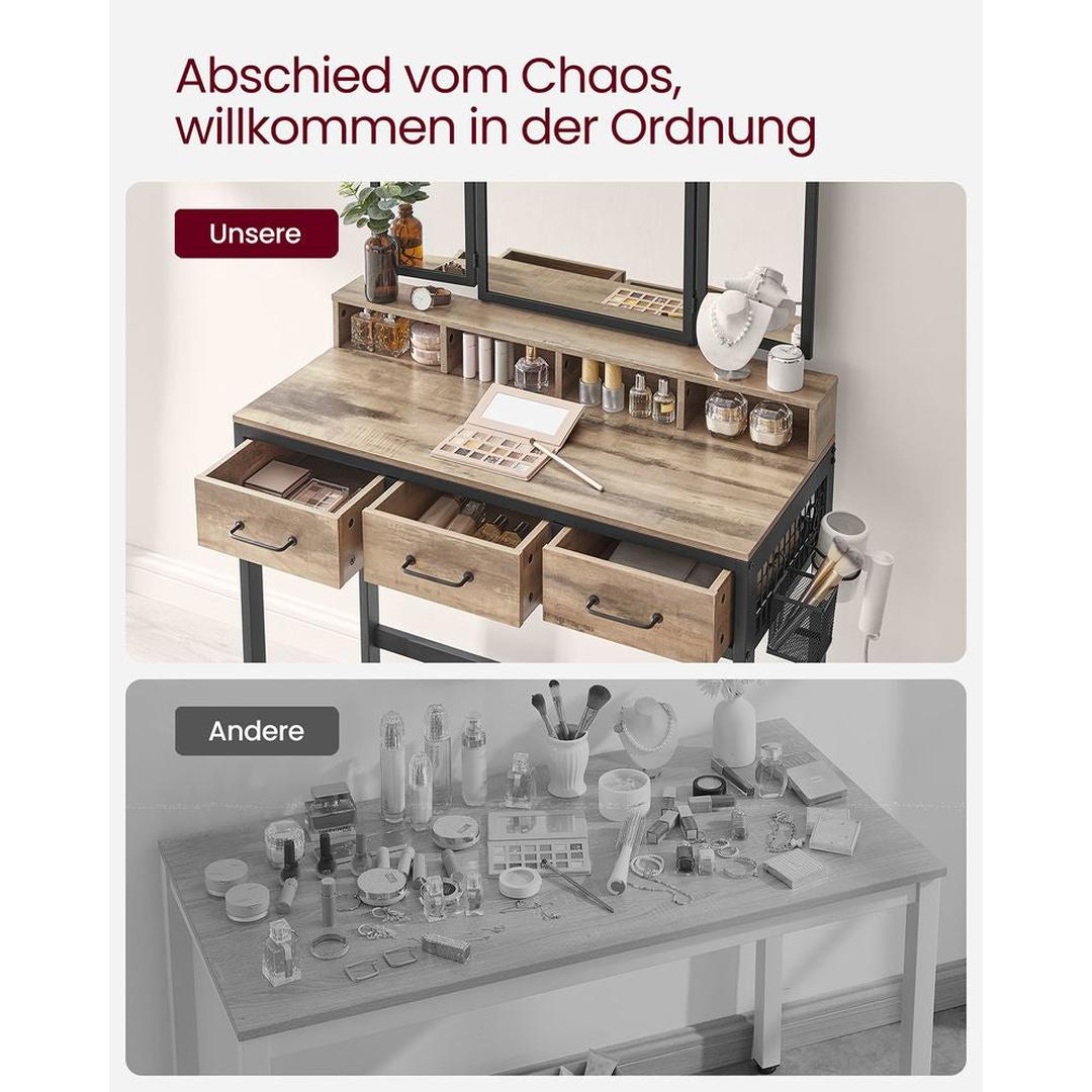 Kaptafel met Spiegel en Kruk – Make-uptafel met 3-Delige Klapspiegel, Lades en Open Opbergvakken