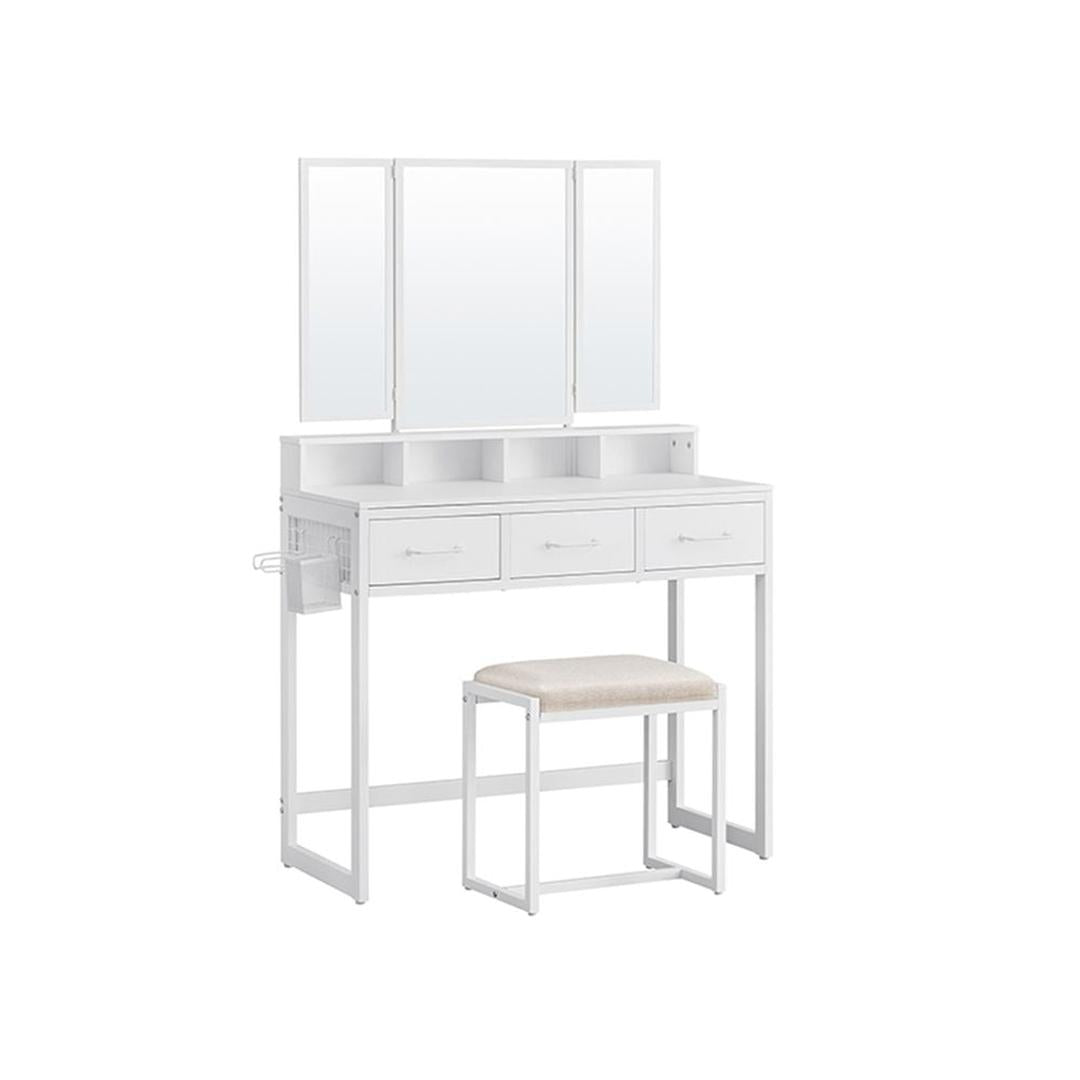Kaptafel met Spiegel en Kruk – Make-uptafel met 3-Delige Klapspiegel, Lades en Open Opbergvakken