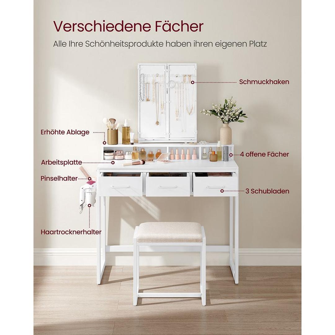 Kaptafel met Spiegel en Kruk – Make-uptafel met 3-Delige Klapspiegel, Lades en Open Opbergvakken