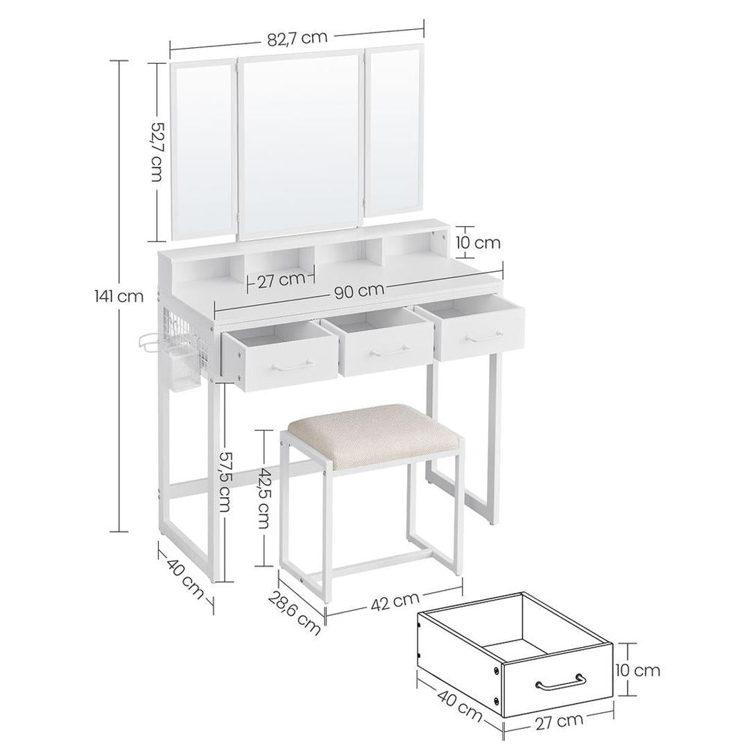 Kaptafel met Spiegel en Kruk – Make-uptafel met 3-Delige Klapspiegel, Lades en Open Opbergvakken