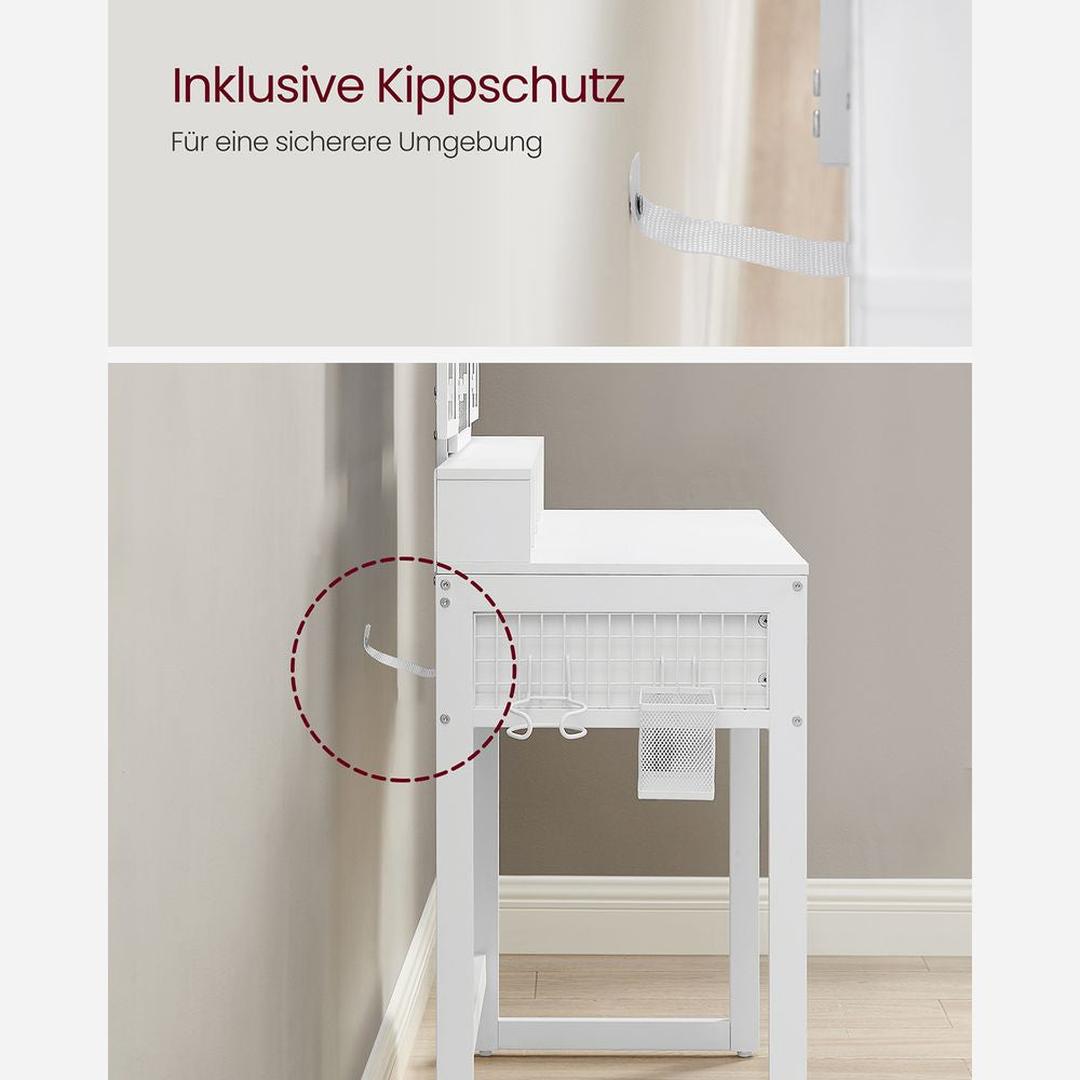 Kaptafel met Spiegel en Kruk – Make-uptafel met 3-Delige Klapspiegel, Lades en Open Opbergvakken