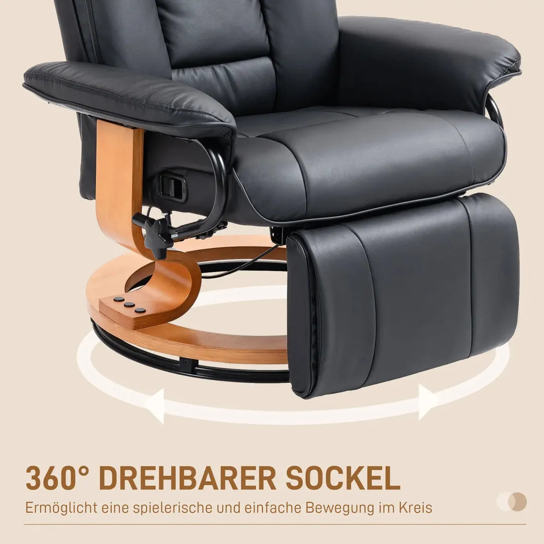 Relaxfauteuil met Ligfunctie – Draaibaar – Kunstleer Zwart – Stalen Frame – Max. 150 kg