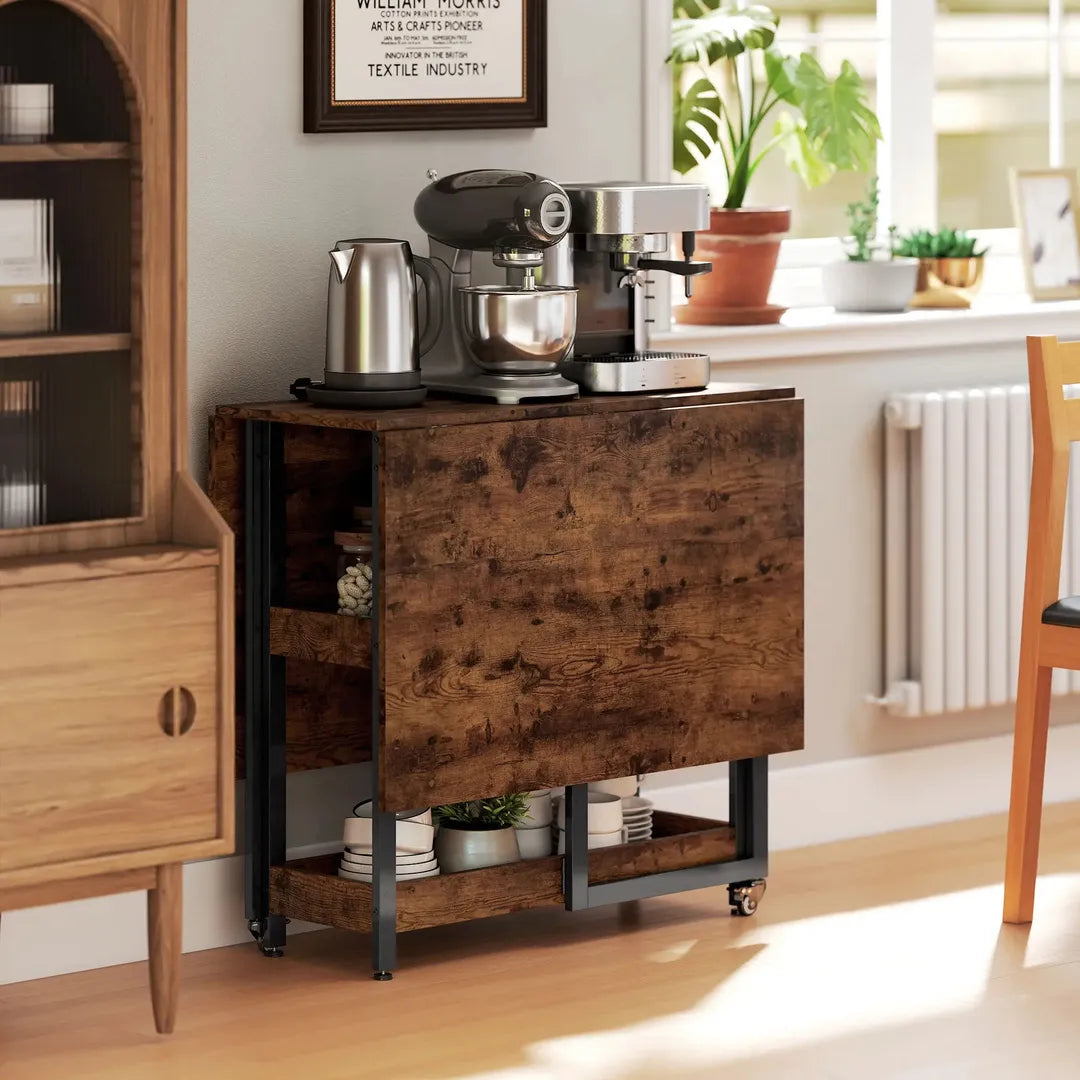 Eettafel inklapbaar – geschikt voor 4 personen – met open opbergrekken – Houtlook spaanplaat en metaal – Bruin