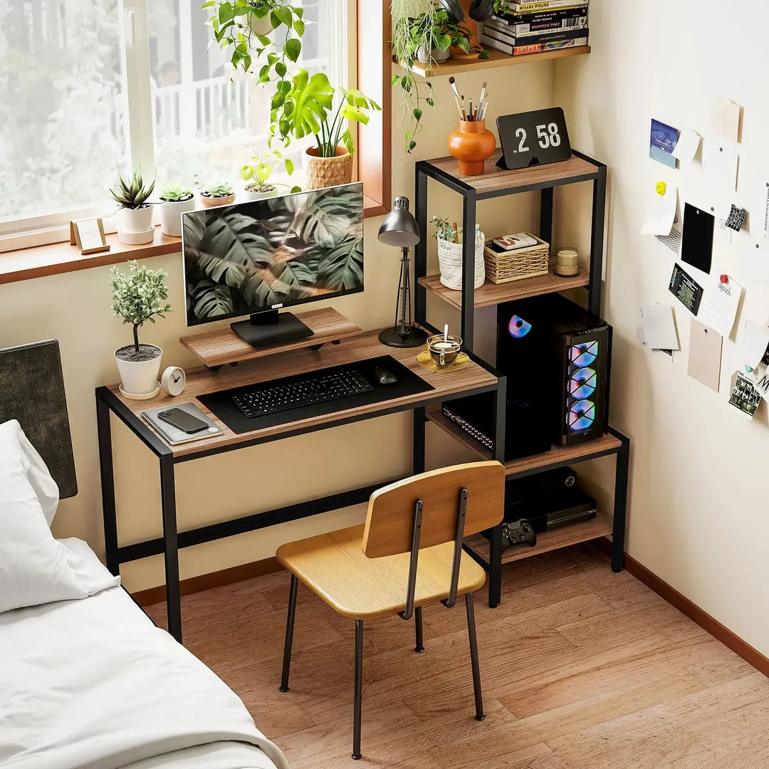 Computertafel met monitorstand en 4-laags rek – bureau in industriële stijl, bruin
