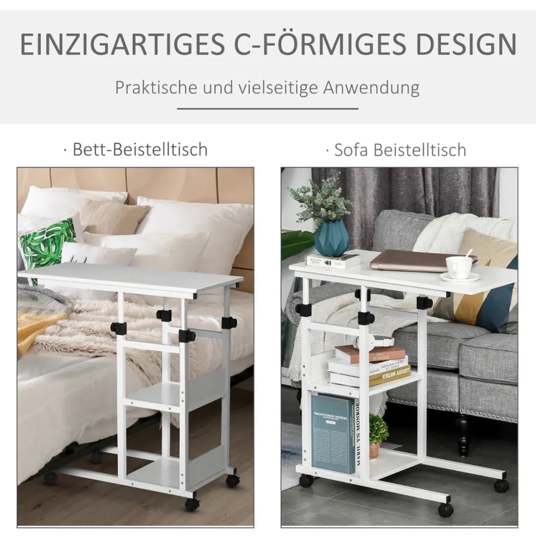 Bijzettafel met wielen – Hoogte verstelbaar – 2 opbergplanken – Bruin metalen frame – 80x40x72-82 cm