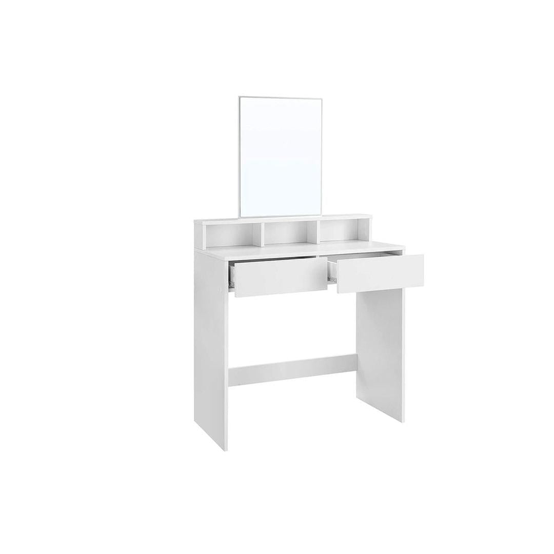 Kaptafel met Rechthoekige Spiegel – Make-uptafel met 2 Lades, Open Opbergvakken en Verhoogde Plank