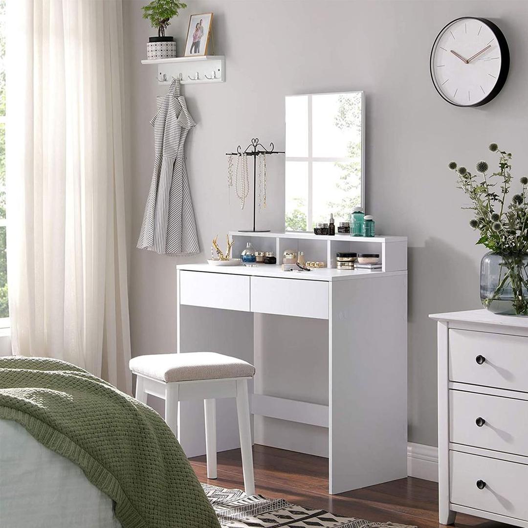 Kaptafel met Rechthoekige Spiegel – Make-uptafel met 2 Lades, Open Opbergvakken en Verhoogde Plank