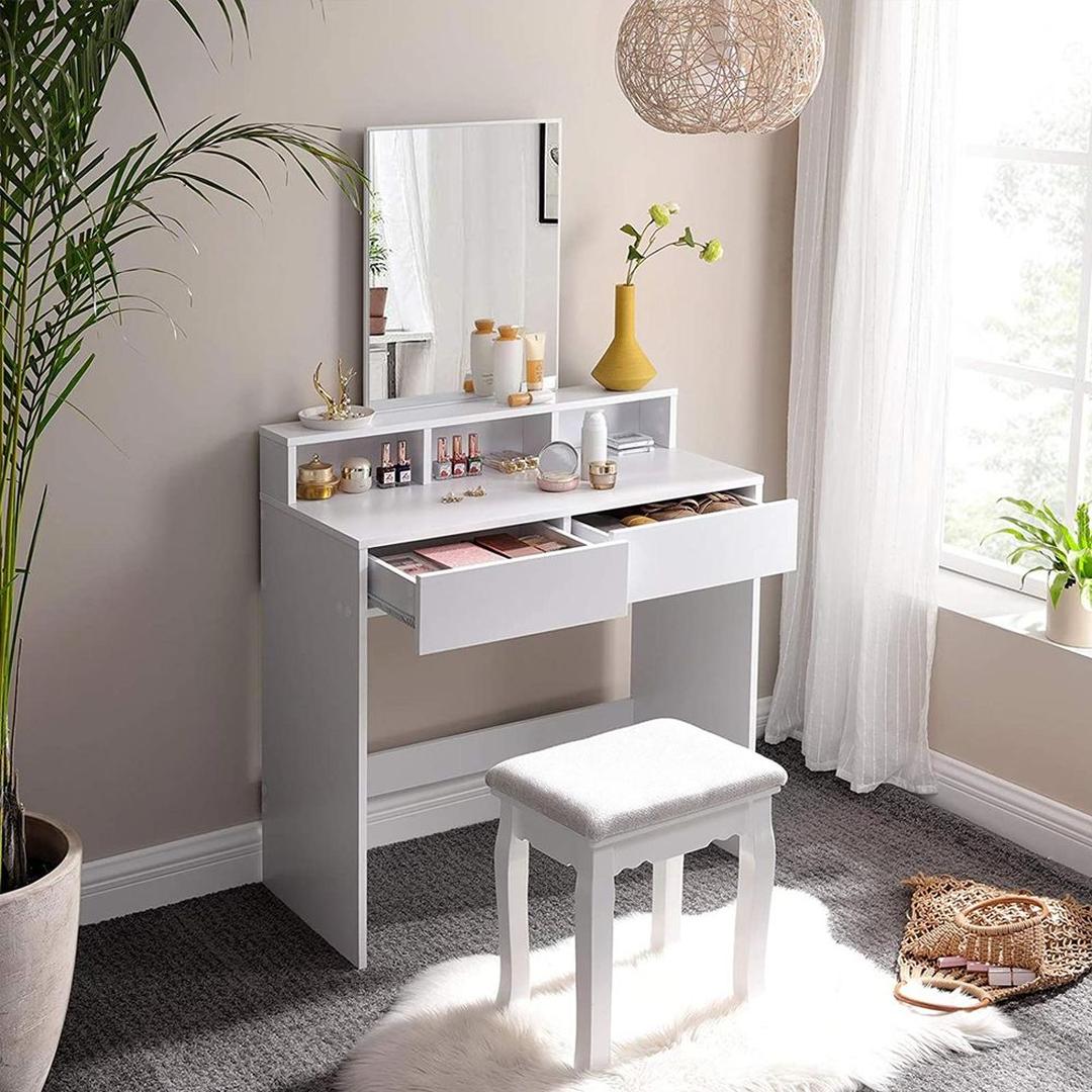 Kaptafel met Rechthoekige Spiegel – Make-uptafel met 2 Lades, Open Opbergvakken en Verhoogde Plank