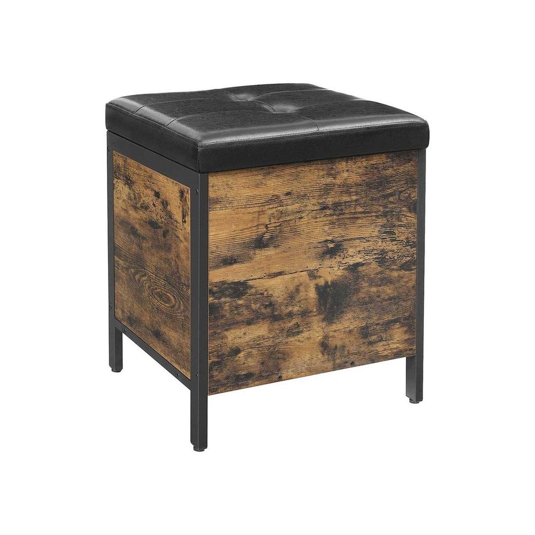 Opbergpoef met Zitfunctie in Vintagebruin – Zitkruk met Opklapbare Deksel, Kunstleren Bekleding en Metalen Frame