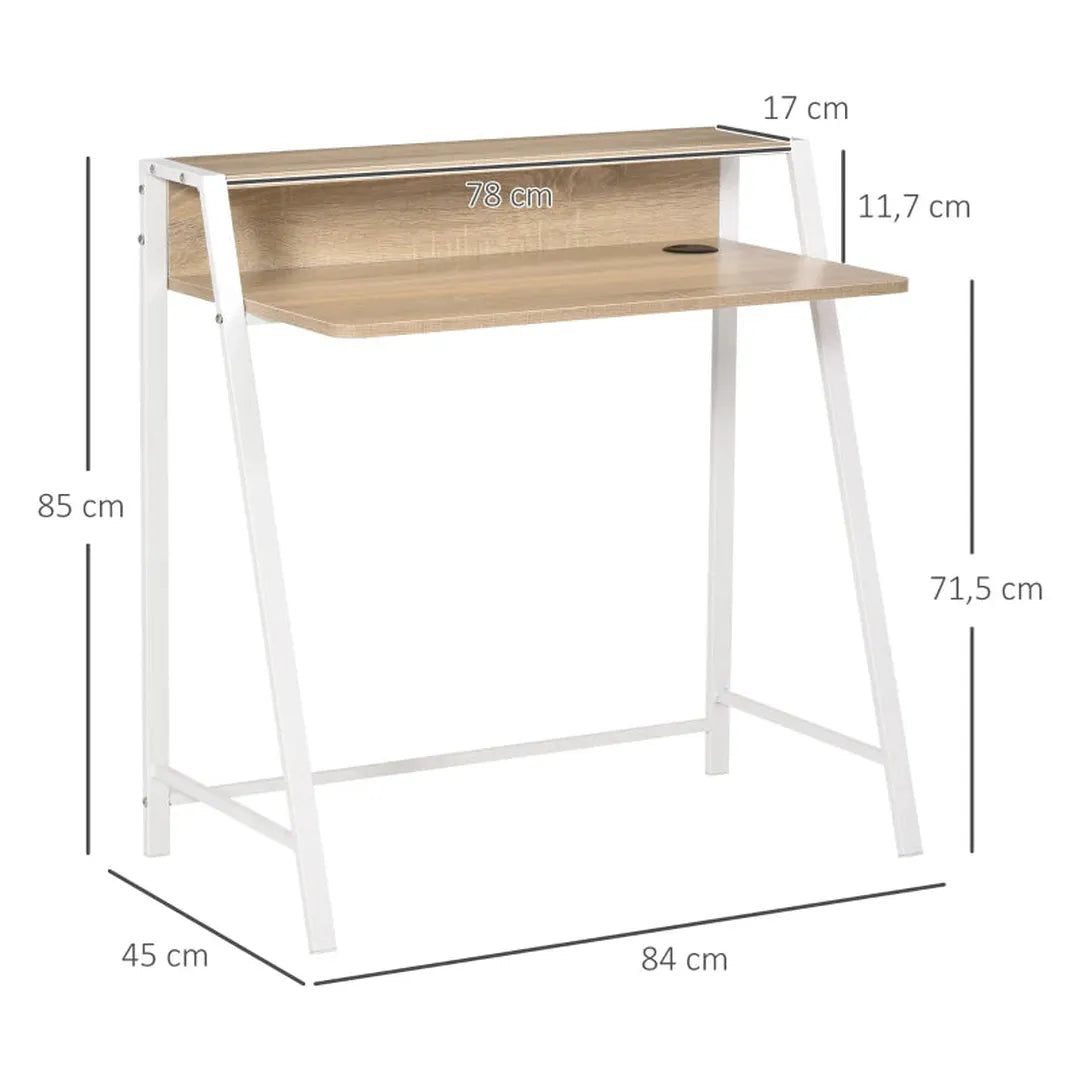 Bureau wit/eiken – computertafel met opbergvak en kabelmanagement, compact bureau met metalen frame 84x45x85 cm