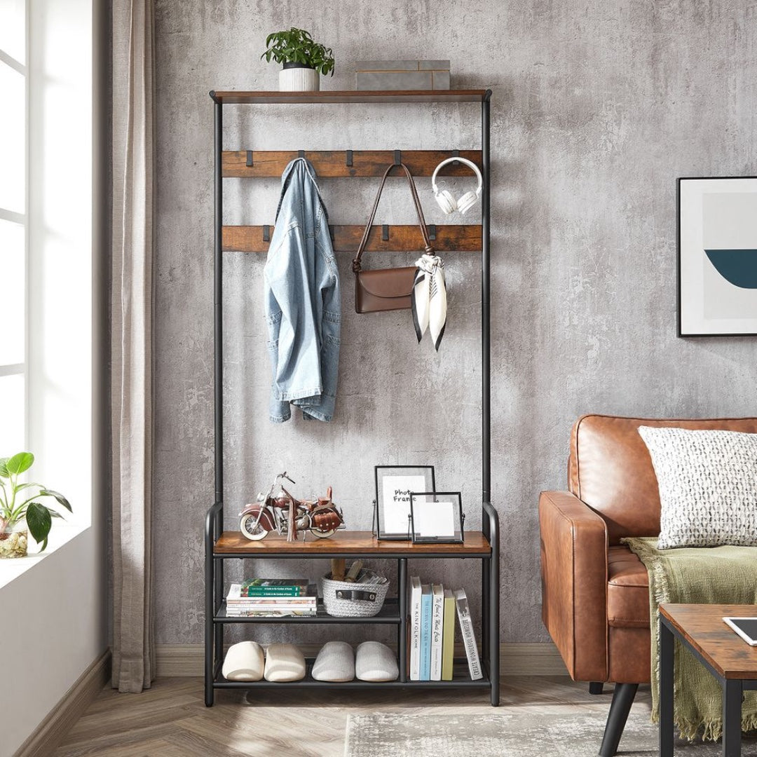 Vrijstaande Kapstok met 9 Haken – 30 × 85 × 180,5 cm – In Eikenkleur en Wit – Slank Halmeubel