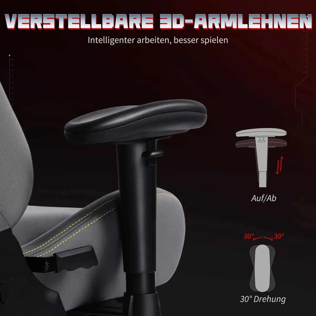 Ergonomische gamingstoel met 3D-armleuningen – verstelbare rugleuning, lendensteun en wielen, grijs
