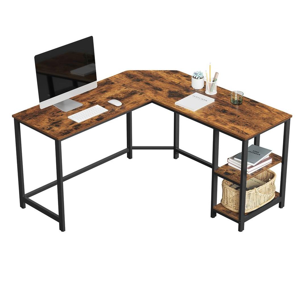 L-vormig Bureau met 2 Opbergplanken en Houtlook Werkblad – Ruim Hoekbureau voor Kantoor en Thuiswerkplek