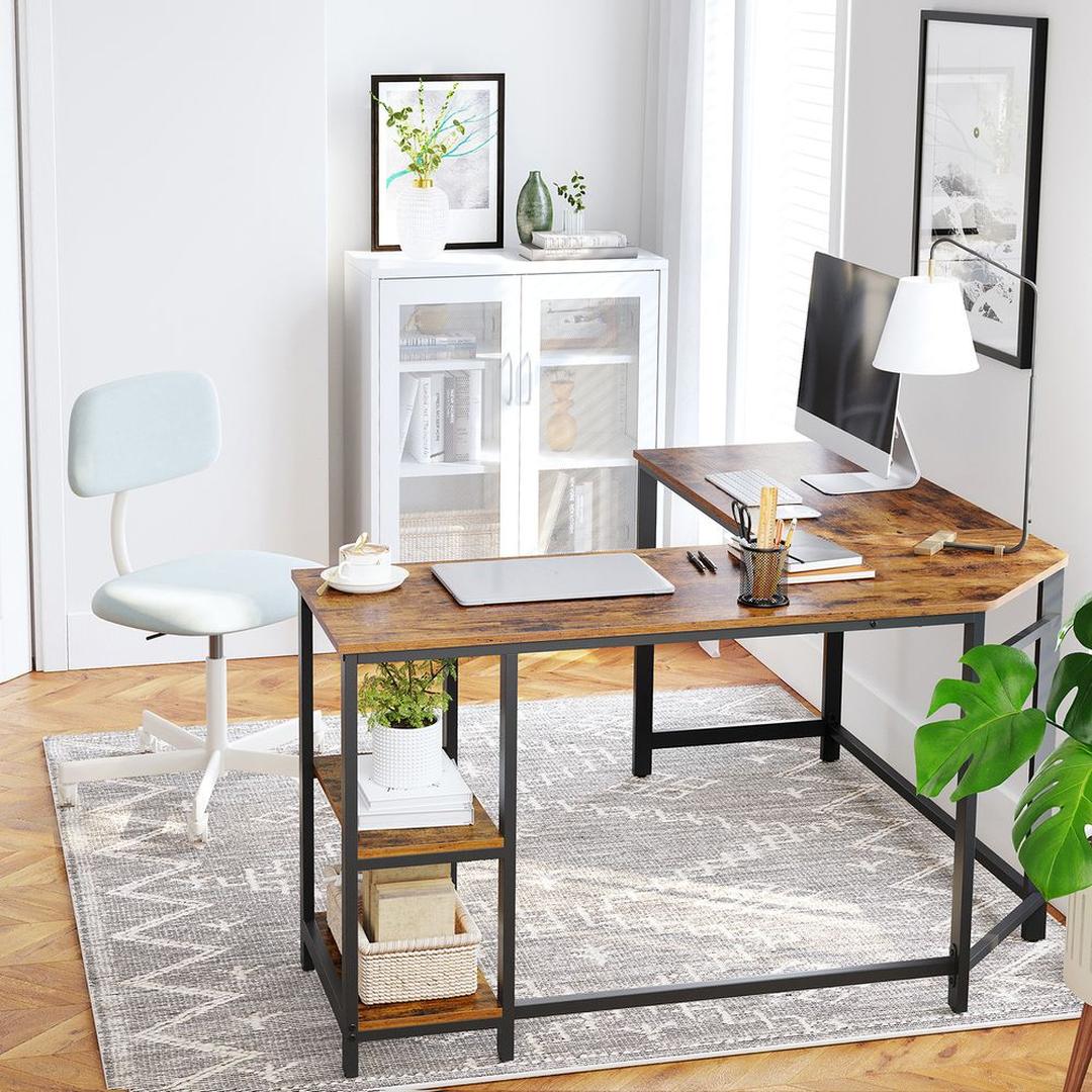 L-vormig Bureau met 2 Opbergplanken en Houtlook Werkblad – Ruim Hoekbureau voor Kantoor en Thuiswerkplek