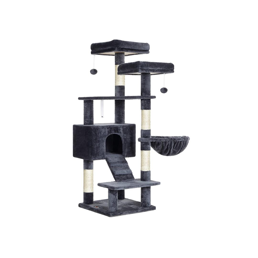 Krabpaal met huisje, ligplatform en speelbal – sisalpalen, stabiele constructie, 142 cm hoog