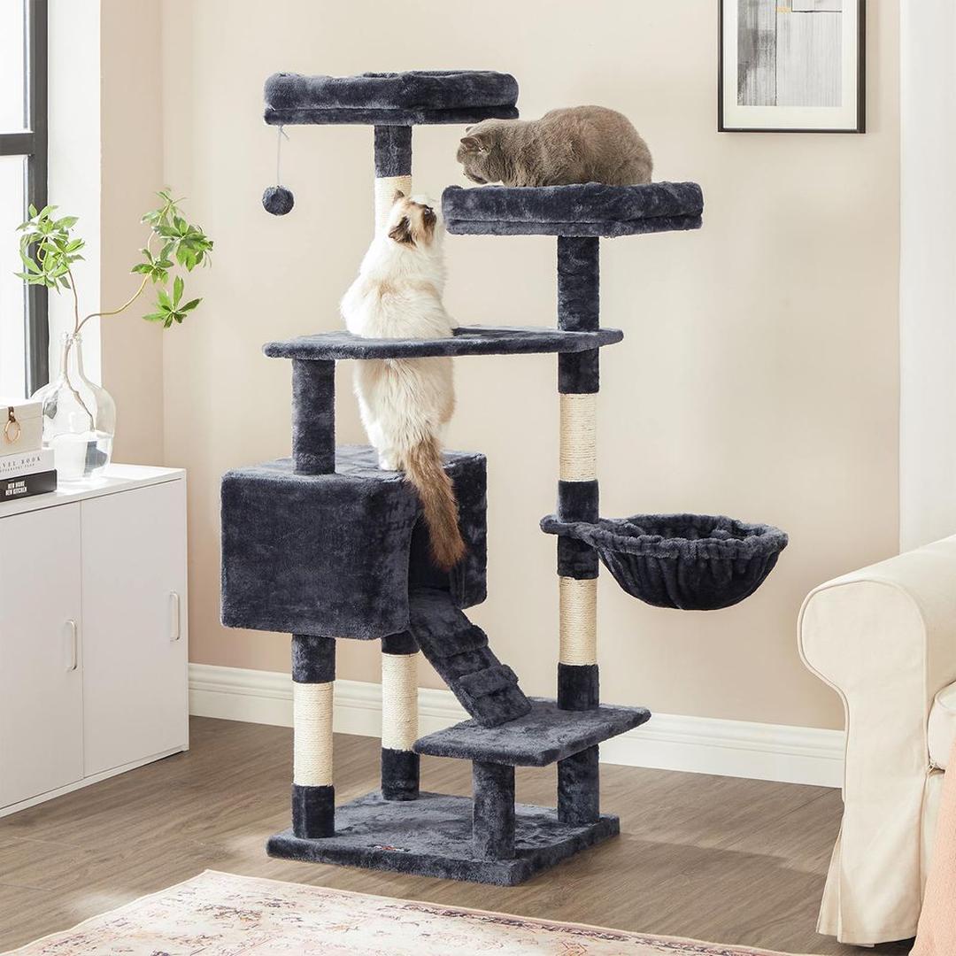 Krabpaal met huisje, ligplatform en speelbal – sisalpalen, stabiele constructie, 142 cm hoog