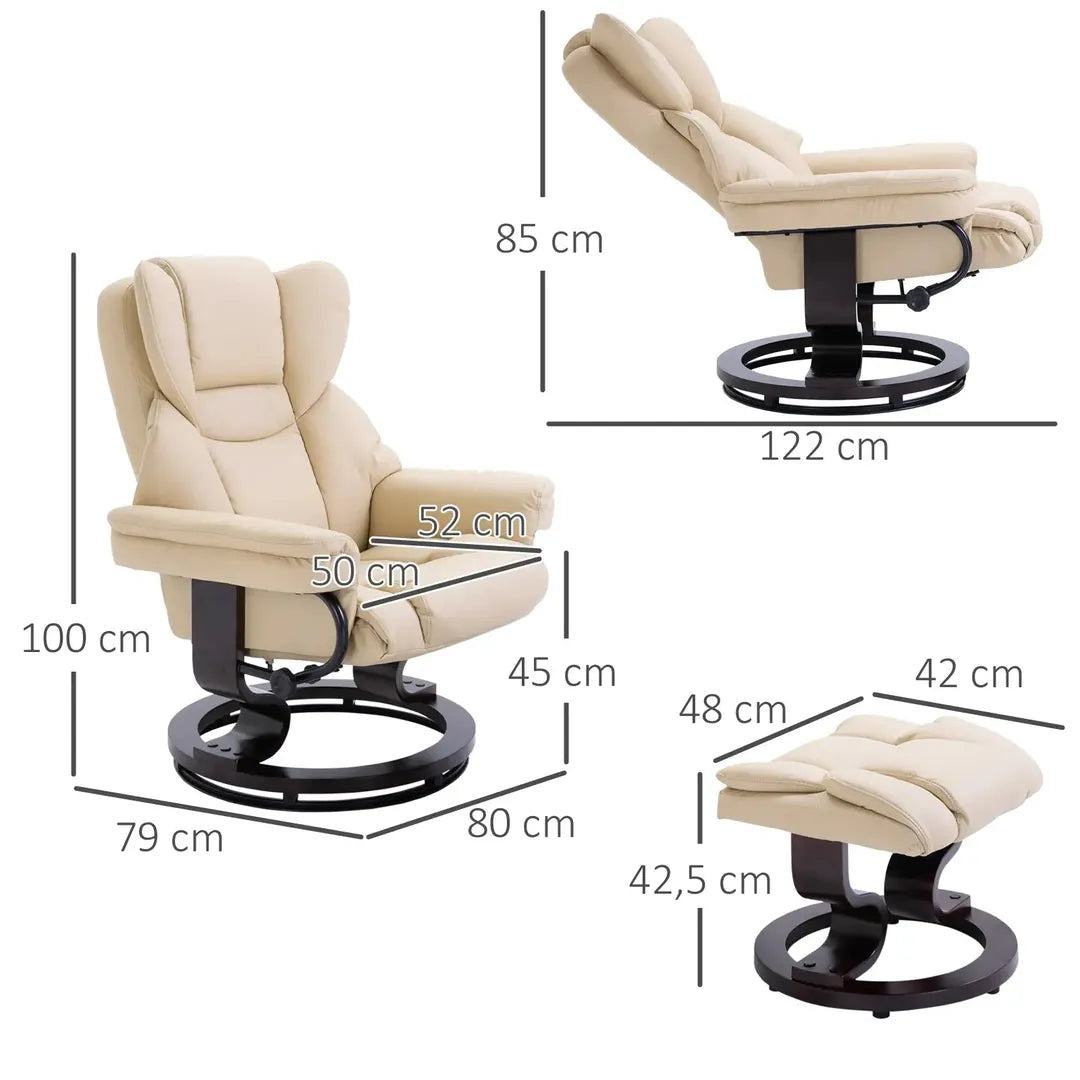Fauteuil met Hocker – Draaibare Relaxstoel met Ligfunctie van Kunstleer en Metalen Frame, Crème, 80 x 79 x 100 cm
