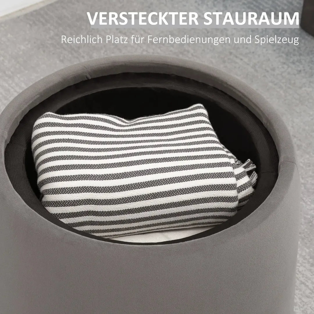Poef – Moderne Voetenbank – Donkergrijs met Bruin – Stoffen Bekleding en Houten Poten