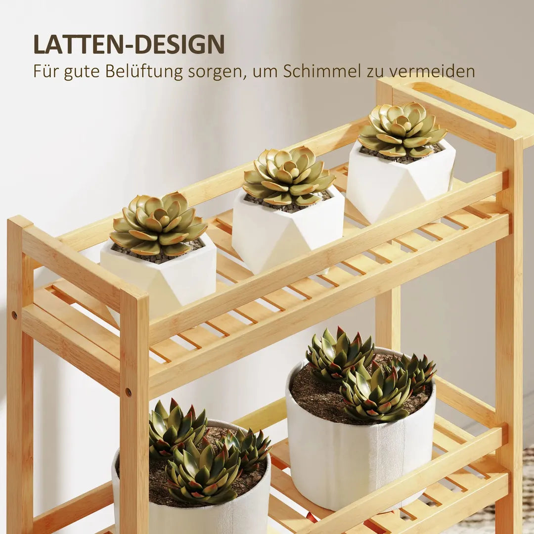 Serveerwagen – 3 lagen met lattenbodems en valbescherming – Bamboe – 55 × 20 × 75 cm