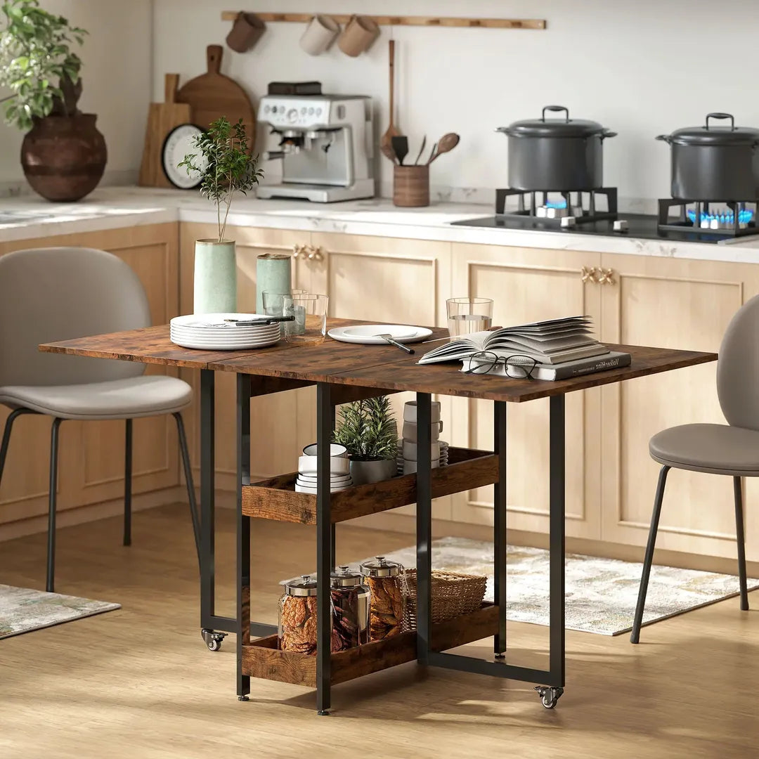 Eettafel inklapbaar – geschikt voor 4 personen – met open opbergrekken – Houtlook spaanplaat en metaal – Bruin