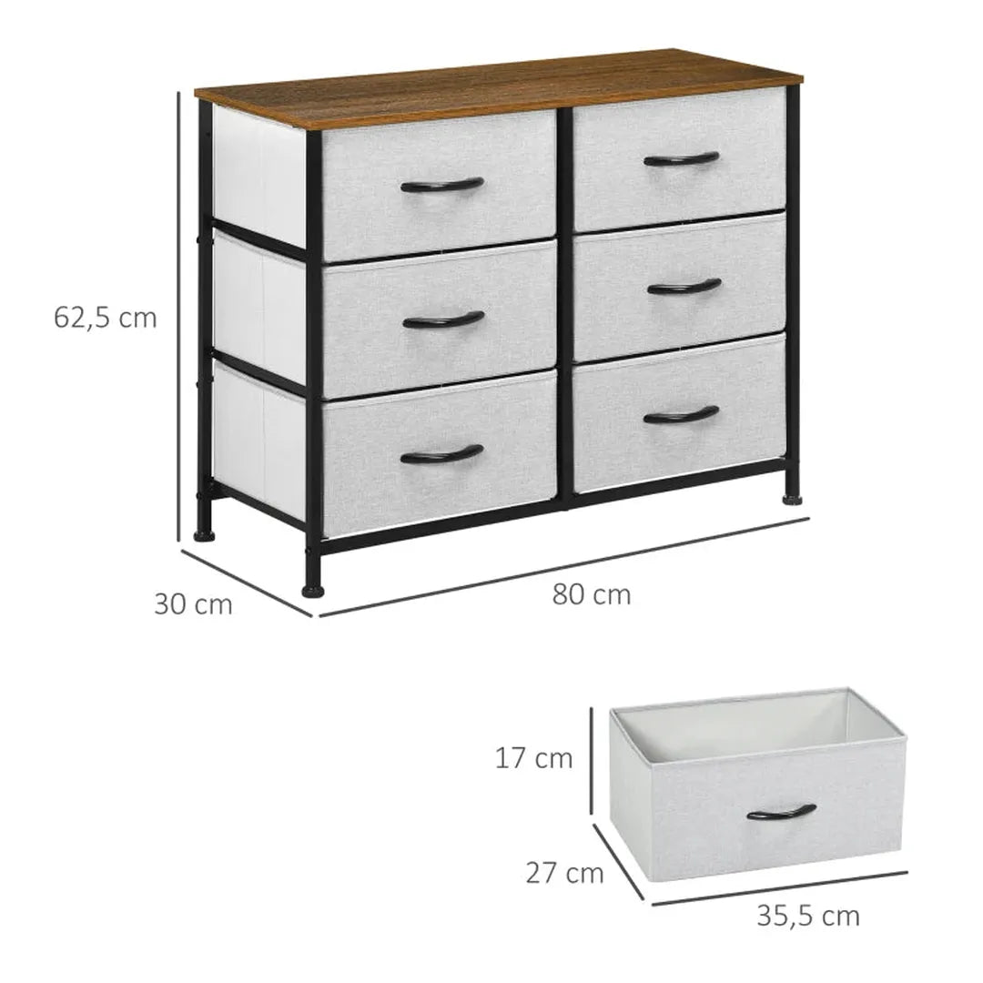 Dressoir met 6 lades – Opbergkast met stoffen schuiflades – 80x30x62,5 cm – Bruin, zwart en grijs