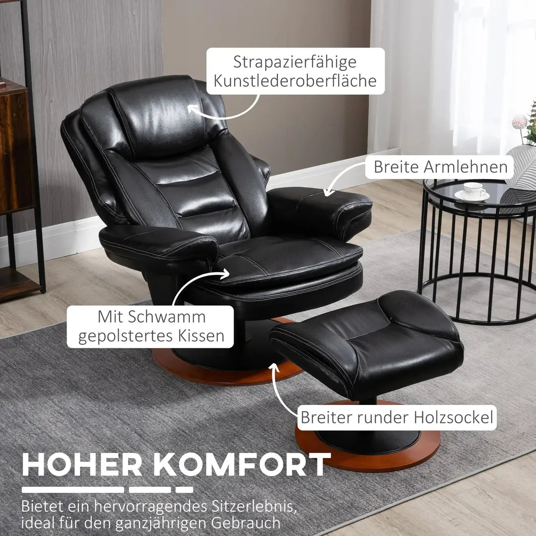 Relaxfauteuil met Ottoman – Draaiend en Verstelbaar Ligbed – Zwart en Bruin Kunstleer