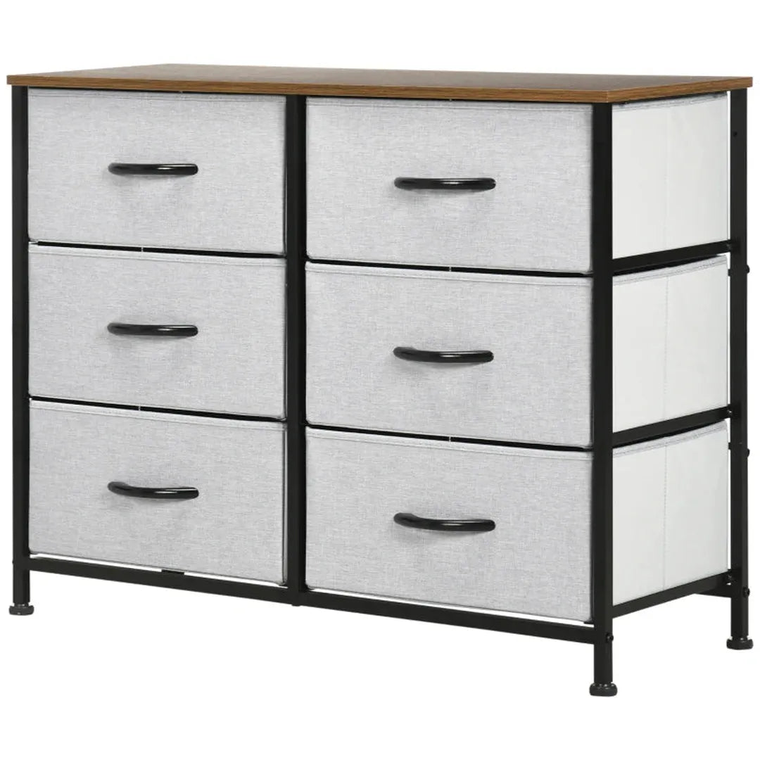 Dressoir met 6 lades – Opbergkast met stoffen schuiflades – 80x30x62,5 cm – Bruin, zwart en grijs