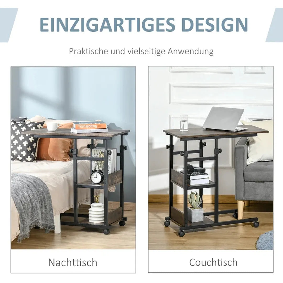 Bijzettafel met wielen – Hoogte verstelbaar – 2 opbergplanken – Bruin metalen frame – 80x40x72-82 cm