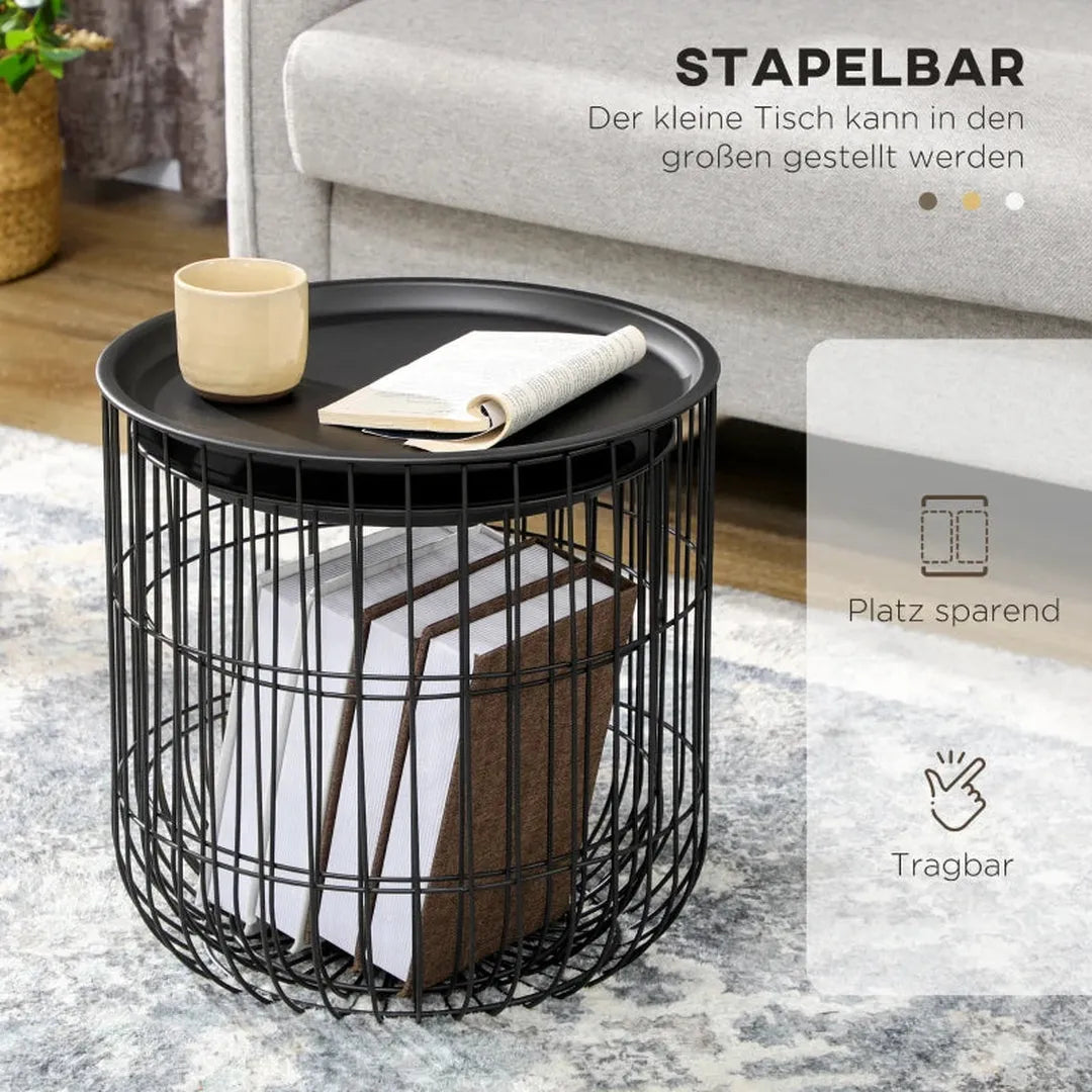 Bijzettafels Set van 2 – Stapelbaar met Opbergruimte – Scandinavisch Design – Zwart
