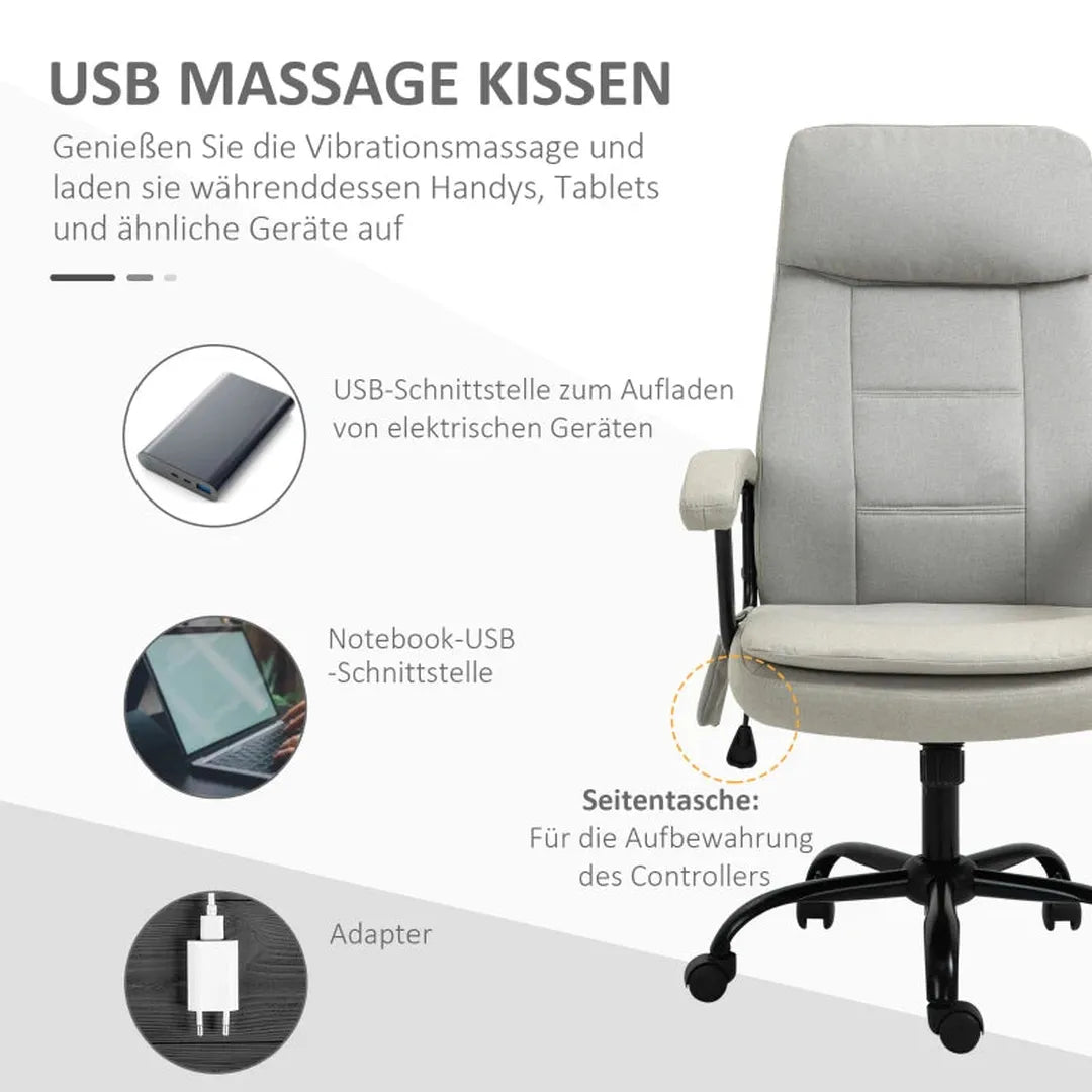 Bureaustoel draaibaar met massagefunctie – Verstelbare werkstoel met armleuningen – Grijs 63x70x112-121 cm
