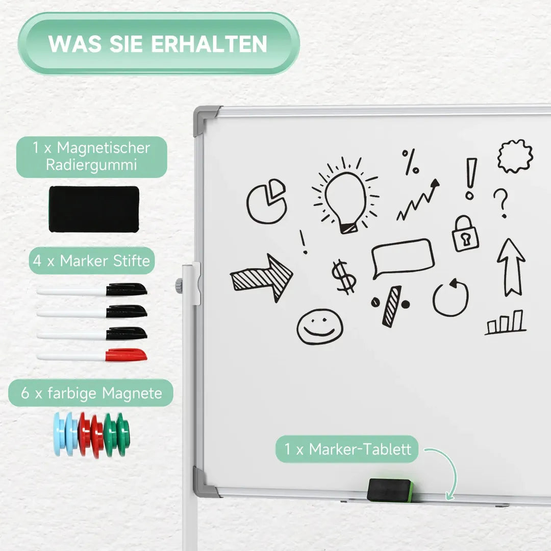 Whiteboard op standaard – magnetisch, draaibaar en verrijdbaar, inclusief markers en wisser, 120 × 90 cm