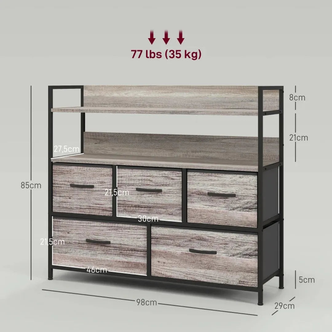 Dressoir met 5 stoffen lades en 2 planken – Opbergkast met stalen frame – Grijs – 98x29x85 cm