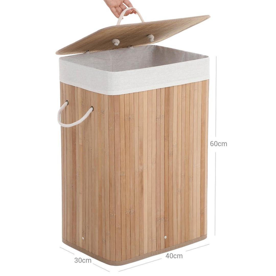 Bamboe Wasmand van 72 L – Wasbox met Deksel en Uitneembare Stoffen Waszak, 40 × 30 × 60 cm