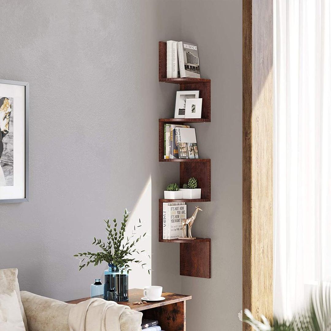 Zwevend Hoekwandrek in Houtlook – Ruimtebesparende Wandplank voor Woonkamer, Keuken of Slaapkamer