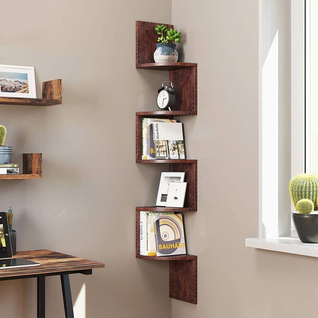 Zwevend Hoekwandrek in Houtlook – Ruimtebesparende Wandplank voor Woonkamer, Keuken of Slaapkamer