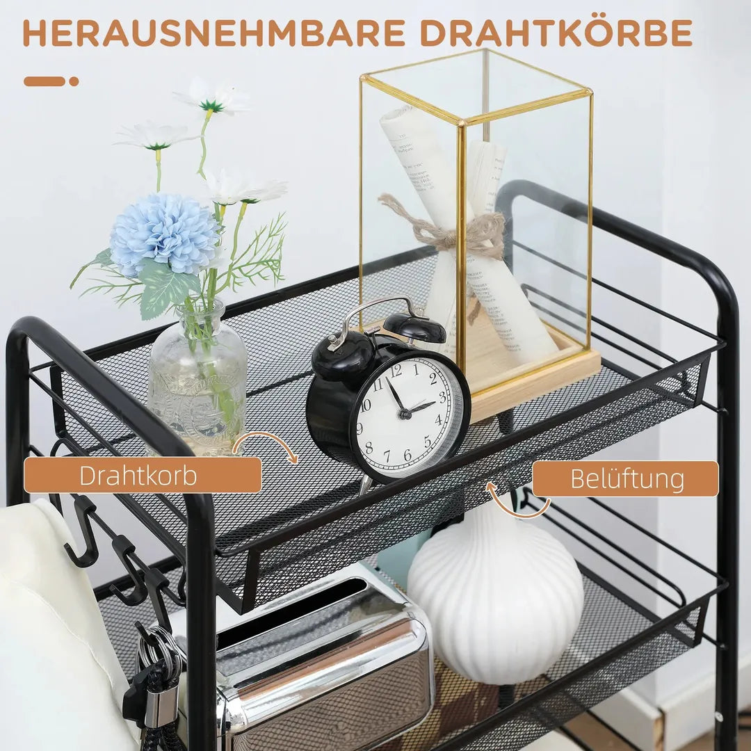Keukentrolley met 5 Draai- en Opbergmanden – 4 Haken, 4 Wielen, 2 Handgrepen van Staal en Kunststof – 45x26,5x106 cm, Wit