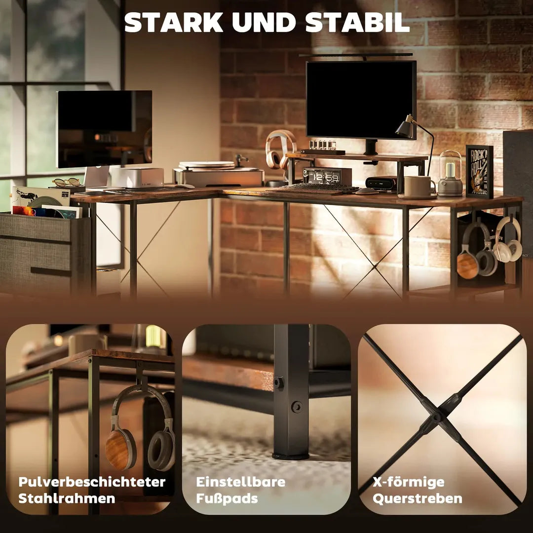 L-vormig bureau met verstelbare legplanken en monitorstand – hoekbureau met opbergtas, bruin