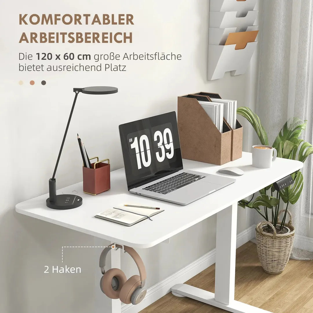 In hoogte verstelbaar sta-bureau – elektrisch zit-sta bureau met geheugenfunctie, 120 × 60 × 72–116 cm, wit