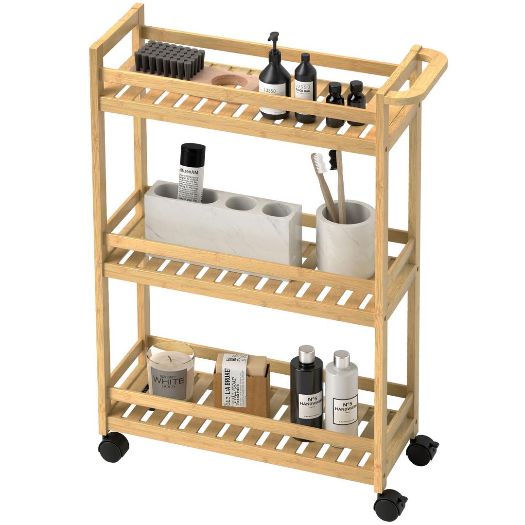 Serveerwagen – 3 lagen met lattenbodems en valbescherming – Bamboe – 55 × 20 × 75 cm