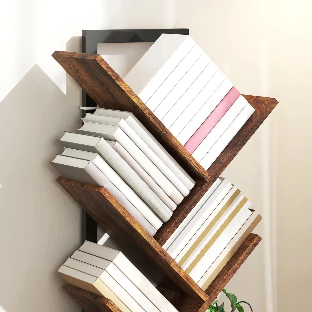 Boekenkast in boomvorm met 7 niveaus – smal staand boekenrek met stalen frame, rustiek bruin