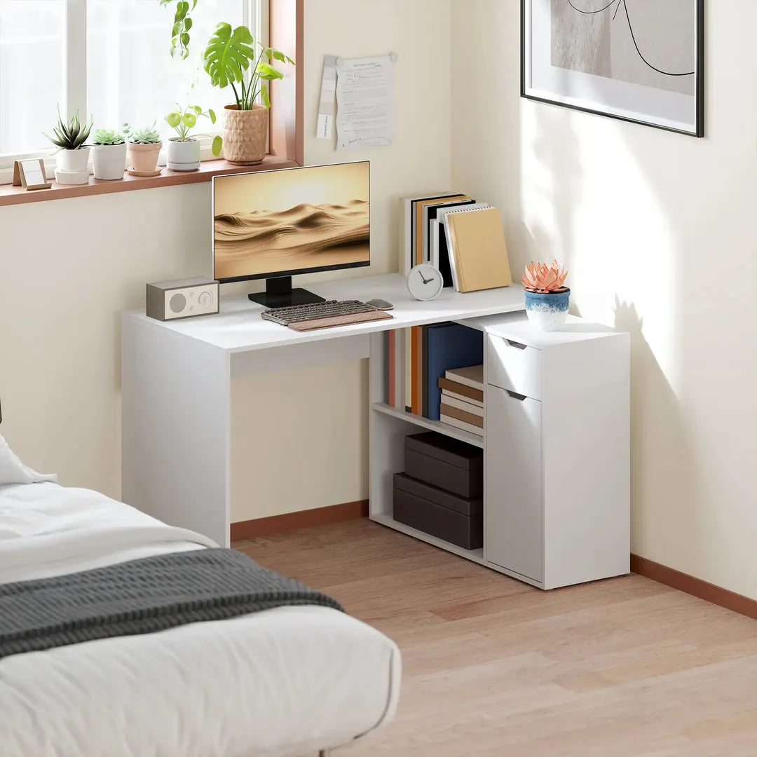 Flexibel bureau met kast en lade – hoekbureau met open vakken, hout, wit